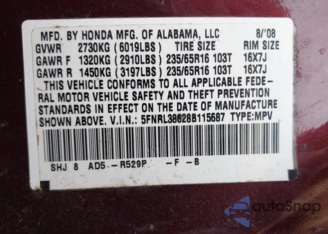 2008 Honda Odyssey Ex-L z USA, uszkodzony, nr VIN 5FNRL38628B115687
